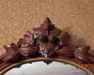 Antique Carved Wood Framed Mirror with Acorn and Leaf Emblem