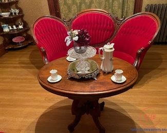 Victorian Red Velvet Hand Carved (3 Piece) Parlor Set