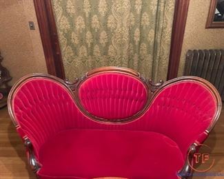 Victorian Red Velvet Hand Carved (3 Piece) Parlor Set