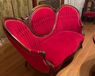 Victorian Red Velvet Hand Carved (3 Piece) Parlor Set