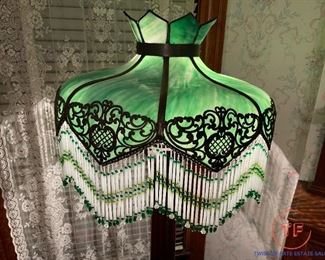 Antique Wood Column Floor Lamp with Slag Glass and Beaded Shade