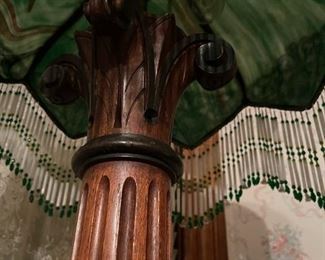 Antique Wood Column Floor Lamp with Slag Glass and Beaded Shade