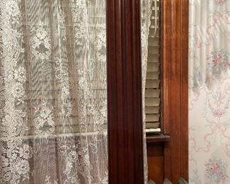 Antique Wood Column Floor Lamp with Slag Glass and Beaded Shade