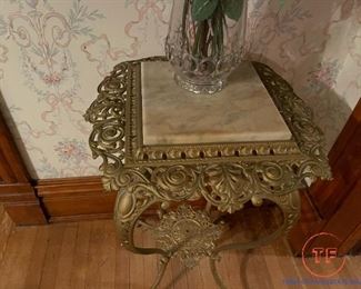 Antique Brass Side Table with Marble Top