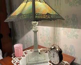 Antique Cast Iron Table Lamp with Slag Glass Shade