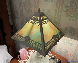 Antique Cast Iron Table Lamp with Slag Glass Shade