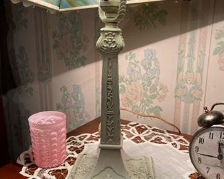 Antique Cast Iron Table Lamp with Slag Glass Shade
