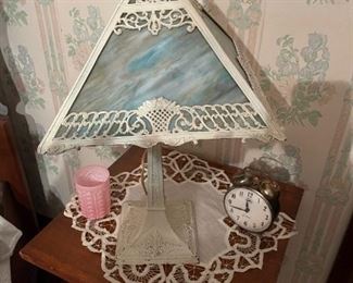 Antique Cast Iron Table Lamp with Slag Glass Shade
