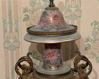 1800's Art Nouveau Sevres Lidded Porcelain and Bronze Vase Signed