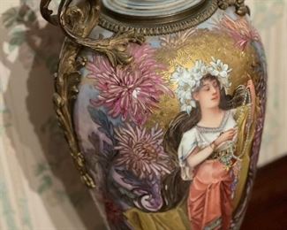1800's Art Nouveau Sevres Lidded Porcelain and Bronze Vase Signed