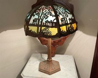 Antique Cast Iron Table Lamp with Slag Glass Lamp - Bradley and Hubbard(?)