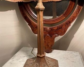 Antique Cast Iron Table Lamp with Slag Glass Lamp - Bradley and Hubbard(?)