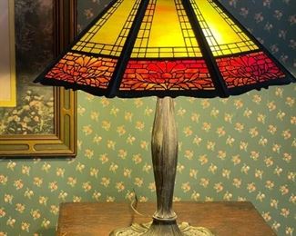 Antique Cast Iron Base Slag Glass Lamp