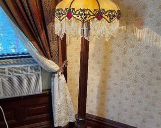 Antique Wood Column Floor Lamp with Slag Glass and Beaded Shade
