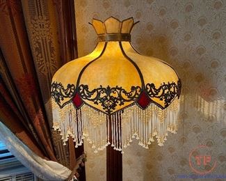 Antique Wood Column Floor Lamp with Slag Glass and Beaded Shade