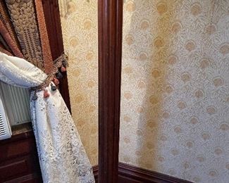 Antique Wood Column Floor Lamp with Slag Glass and Beaded Shade