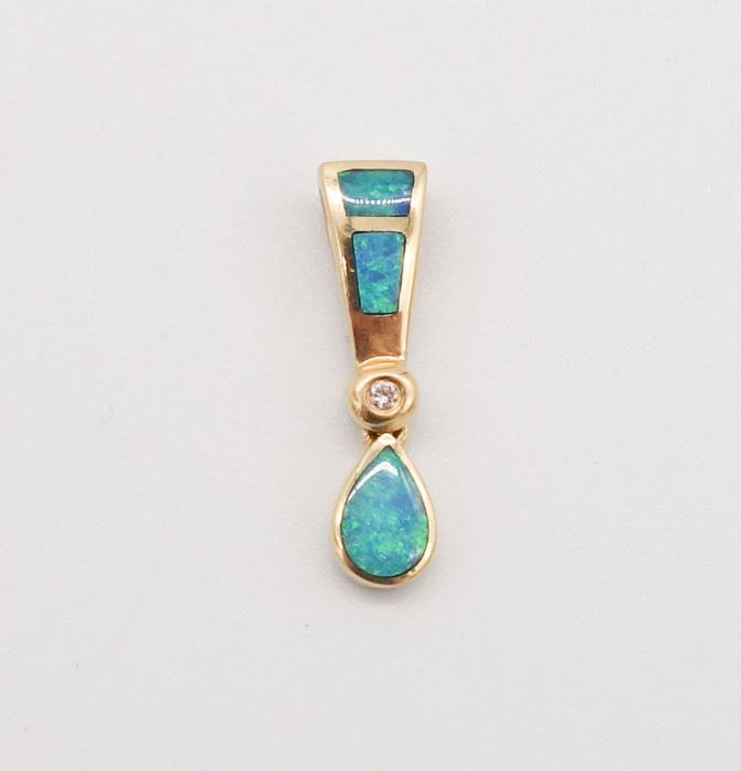 Vintage Kabana 14K Gold Diamond Opal Inlay Necklace Pendant