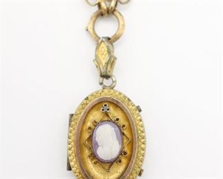 Antique Etruscan Revival Victorian Gold GF Hard Stone Cameo Locket Necklace