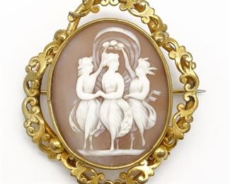 Antique 19c Gold GF Filigree Three Graces Carved Cameo Brooch