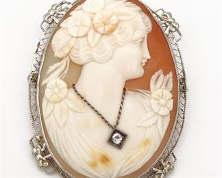 Antique 14K Gold Art Deco Filigree Carved Cameo Diamond Brooch Featuring a Young Maiden