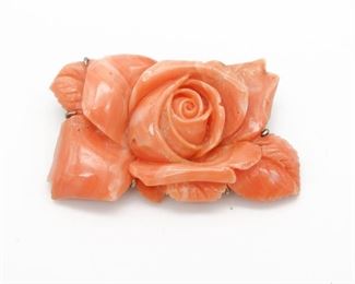 Antique Carved Coral Rose Brooch Pin