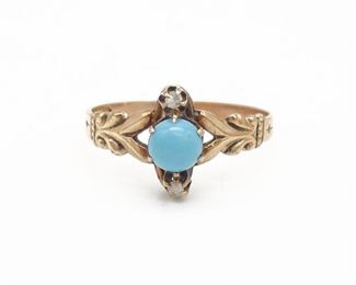 Antique Victorian Solid Rose Gold Turquoise Cabochon Diamond Ring Size 6.75