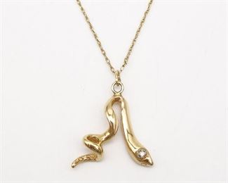 Vintage 14K Gold Snake Diamond Pendant Necklace