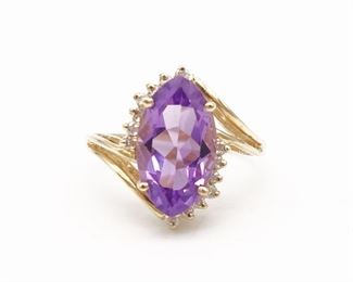 Vintage 14K Gold Marquise Cut Amethyst Diamond Ring Size 6.75