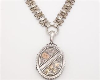 Antique Victorian Sterling Silver MC Gold Locket Necklace