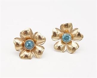 Vintage 14K Gold Blue Zircon Floral Earrings
