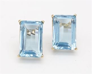 Vintage 14K Gold Emerald Cut Large Blue Topaz Earrings