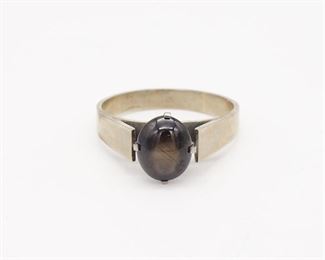 Vintage Mid Century Modern 9ct White Gold Star Sapphire Cabochon Solitaire Ring Size 11.5