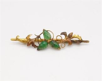 Antique Chinese Export 14K Gold Jadeite Leaf Vine Motif Brooch Pin