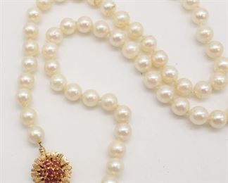 Vintage 6.5-7mm Cultured Pearl Single Strand Necklace w 14K Gold Ruby Flower Clasp