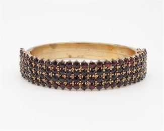 Antique Early 20c Bohemian Garnet Gold GF Hinged Bracelet
