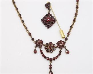 Antique 19c Gold GF Bohemian Garnet Lavaliere Necklace Stick Pin Suite
