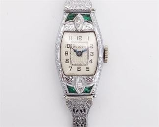 Antique Art Deco 14K White Gold Filigree Diamond Emerald Bulova Ladies 15J Wristwatch