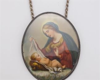 Antique Sterling Silver Hand Painted Madonna and Child Pendant Necklace