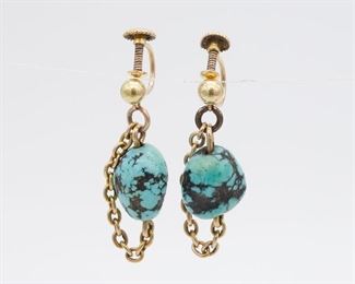 Vintage Pair Solid Gold Turquoise Nugget Dangle Earrings