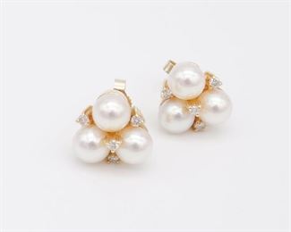 Vintage Pair 14K Gold Pink Lustre Pearl Diamond Earrings