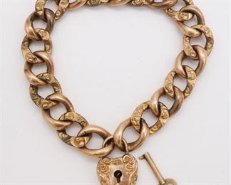Antique Gold GF Heavy Chain Bracelet w Heart Padlock and Key