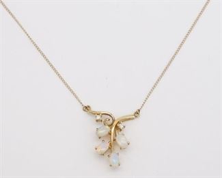 Vintage 14K Gold Australian Red Fire Opal Diamond Lavalier Pendant Necklace