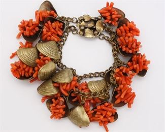 Antique Clam Shell Natural Red Coral Branch Double Strand Bracelet