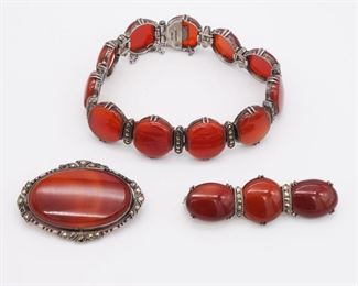 Antique Art Deco Sterling Silver Marcasite Carnelian Bracelet Brooch Pins Set