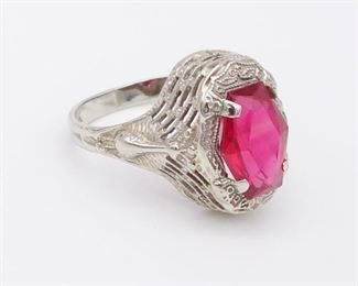 Antique Art Deco 14K White Gold Filigree Ruby Ring Size 4.75