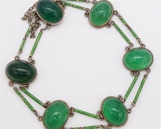 Antique French Art Deco 900 Silver Green Cabochon Enamel Bracelet