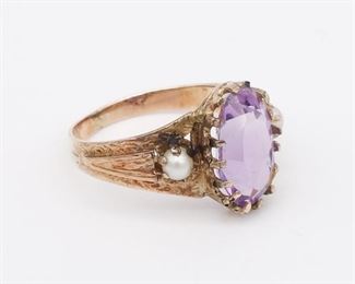 Antique Solid Rose Gold Seed Pearl Amethyst Ring Size 5