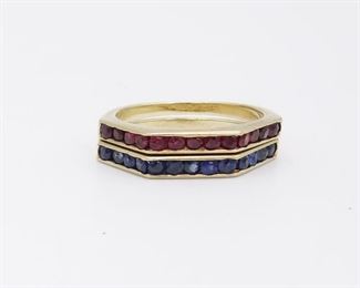 Antique Set 2 14K Gold Red Garnet and Blue Sapphire Rings Size 6
