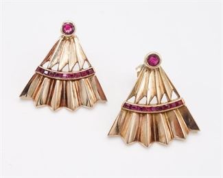 Vintage Retro 14K Rose Gold Ruby Fan Motif Earrings