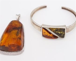 Vintage Sterling Silver Baltic Amber Necklace Pendant and Bracelet